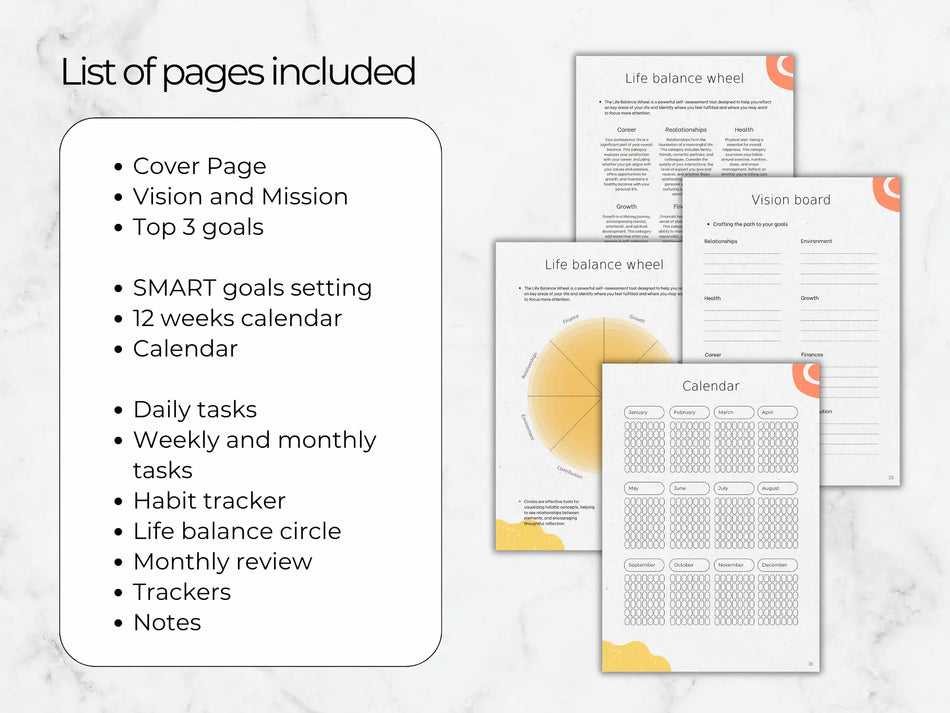 Collection of goal-setting and planning pages on a marble background