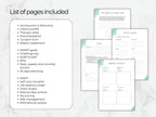 List of pages included in a planning document with goal setting and tracking forms on a marble background.