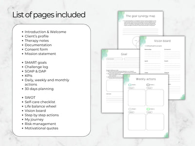 List of pages included in a planning document with goal setting and tracking forms on a marble background.