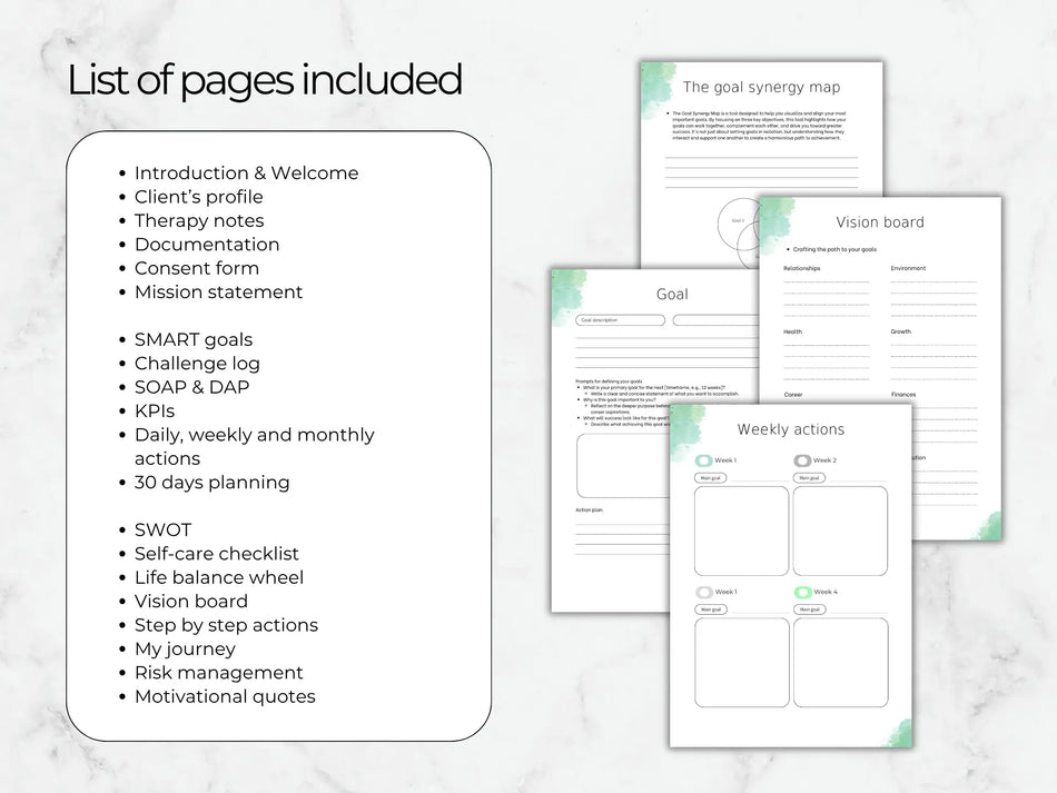 List of pages included in a planning document with goal setting and tracking forms on a marble background.
