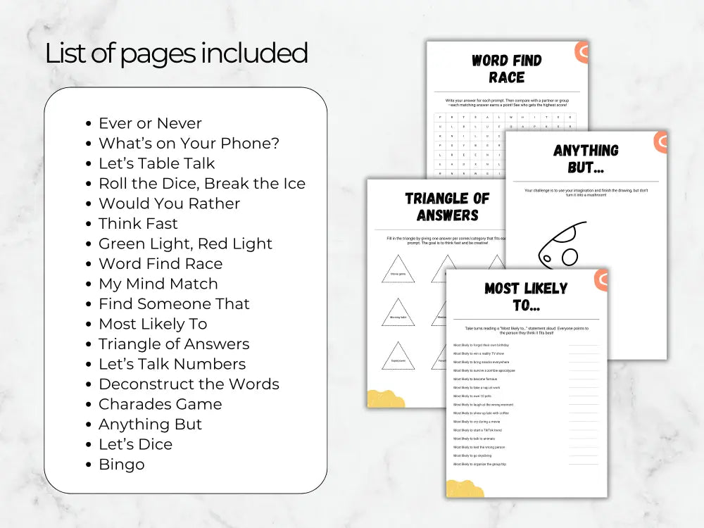 A digital preview of a printable game and activity sheet bundle, showing a list of included pages on the left and several sample worksheet pages on the right, including 'Word Find Race', 'Triangle of Answers', 'Anything But.