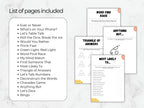 A digital preview of a printable game and activity sheet bundle, showing a list of included pages on the left and several sample worksheet pages on the right, including 'Word Find Race', 'Triangle of Answers', 'Anything But.