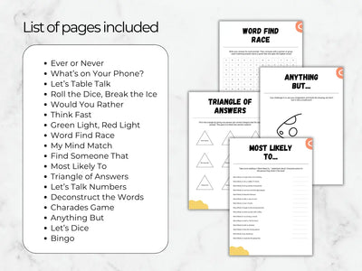 A digital preview of a printable game and activity sheet bundle, showing a list of included pages on the left and several sample worksheet pages on the right, including 'Word Find Race', 'Triangle of Answers', 'Anything But.