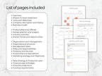 Pages of a business plan template on a marble surface with text outlining included sections.