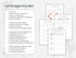 Pages of a business plan template on a marble surface with text outlining included sections.