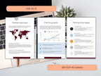 Three document pages displayed over a laptop and desk showing a world map, client growth graphs, and partnership ideas