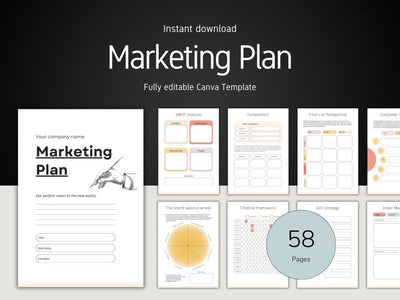 Marketing plan template with various sections on a white background
