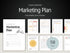 Marketing plan template with various sections on a white background