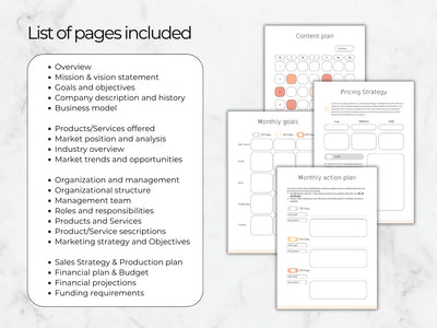 A list of included pages in the marketing plan template, showcasing content plan, monthly goals, and pricing strategy sheets.