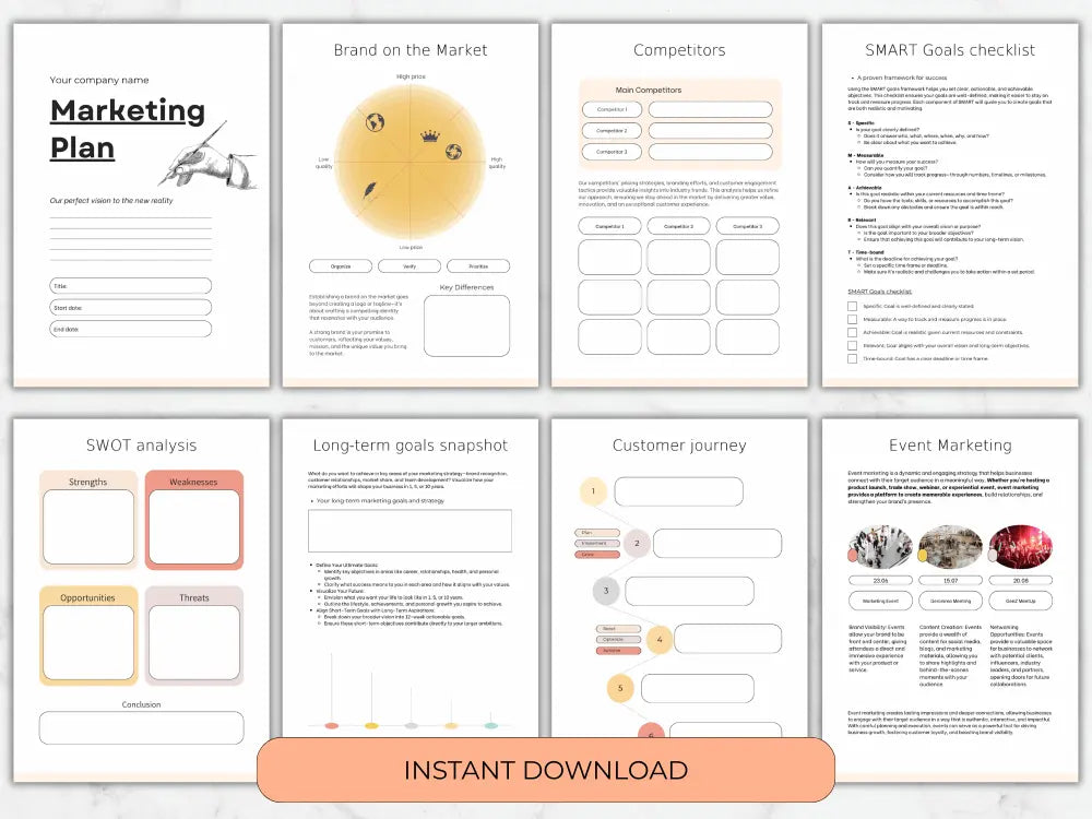 A collection of marketing plan template pages, including SWOT analysis, customer journey, and SMART goals, presented on a marble background.