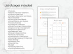 List of pages included in a business plan with examples on a white background