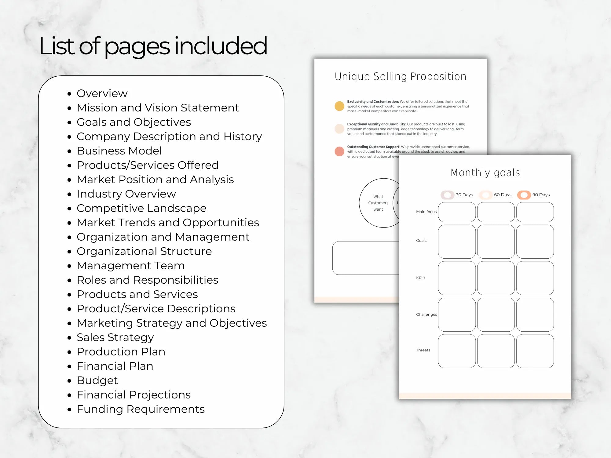 List of pages included in a business plan with examples on a white background