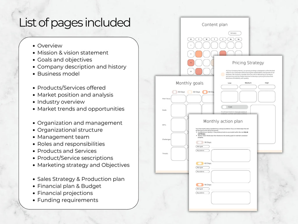 List of pages included in a business plan template on a marble surface.