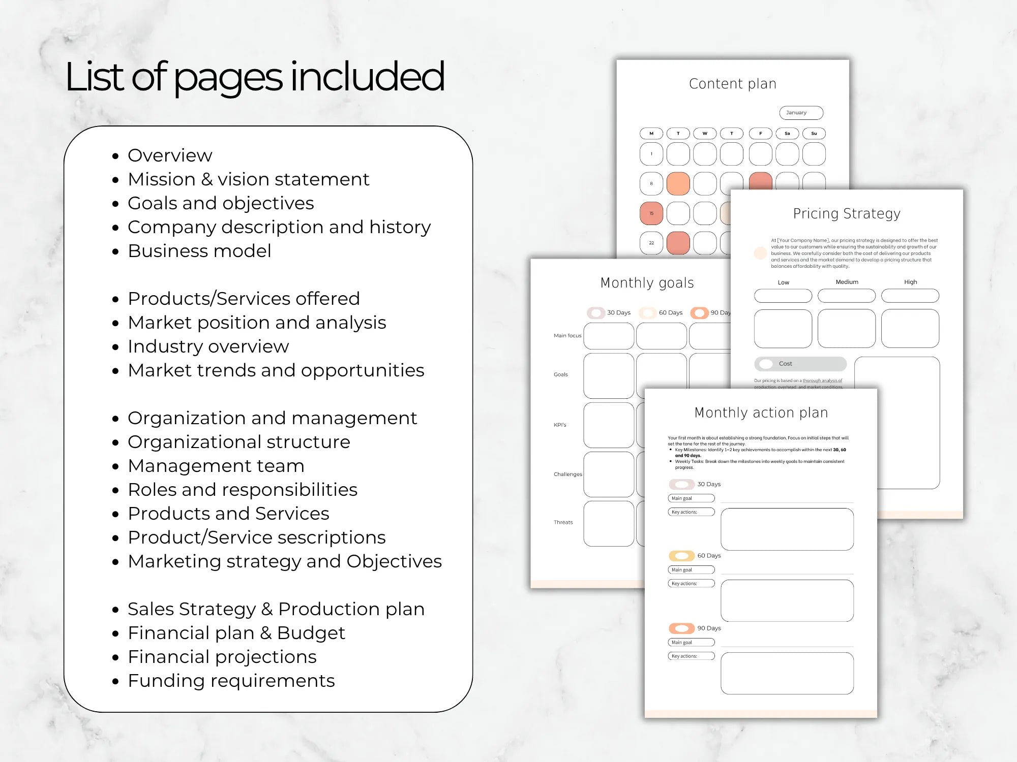 List of pages included in a business plan template on a marble surface.