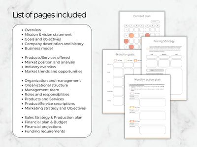 List of pages included in a business plan template on a marble surface.