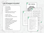 List of pages included in a self-care and mental health journal on a marble background