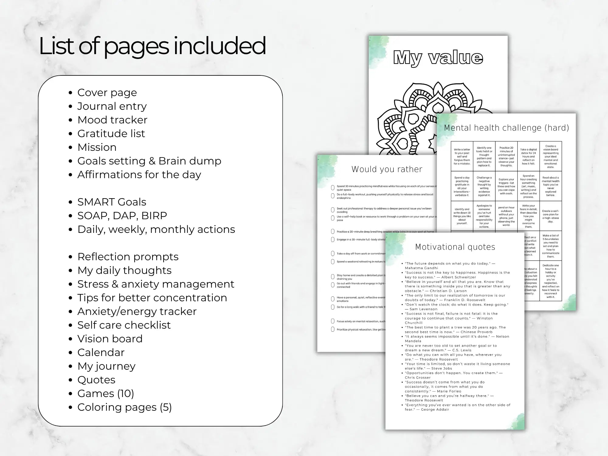List of pages included in a self-care and mental health journal on a marble background