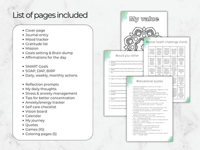 List of pages included in a self-care and mental health journal on a marble background