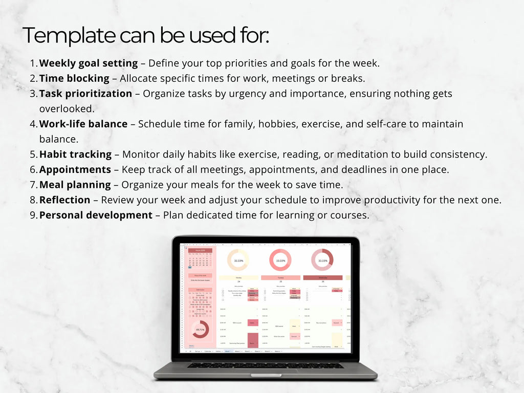 Laptop displaying a productivity template with text on a white background