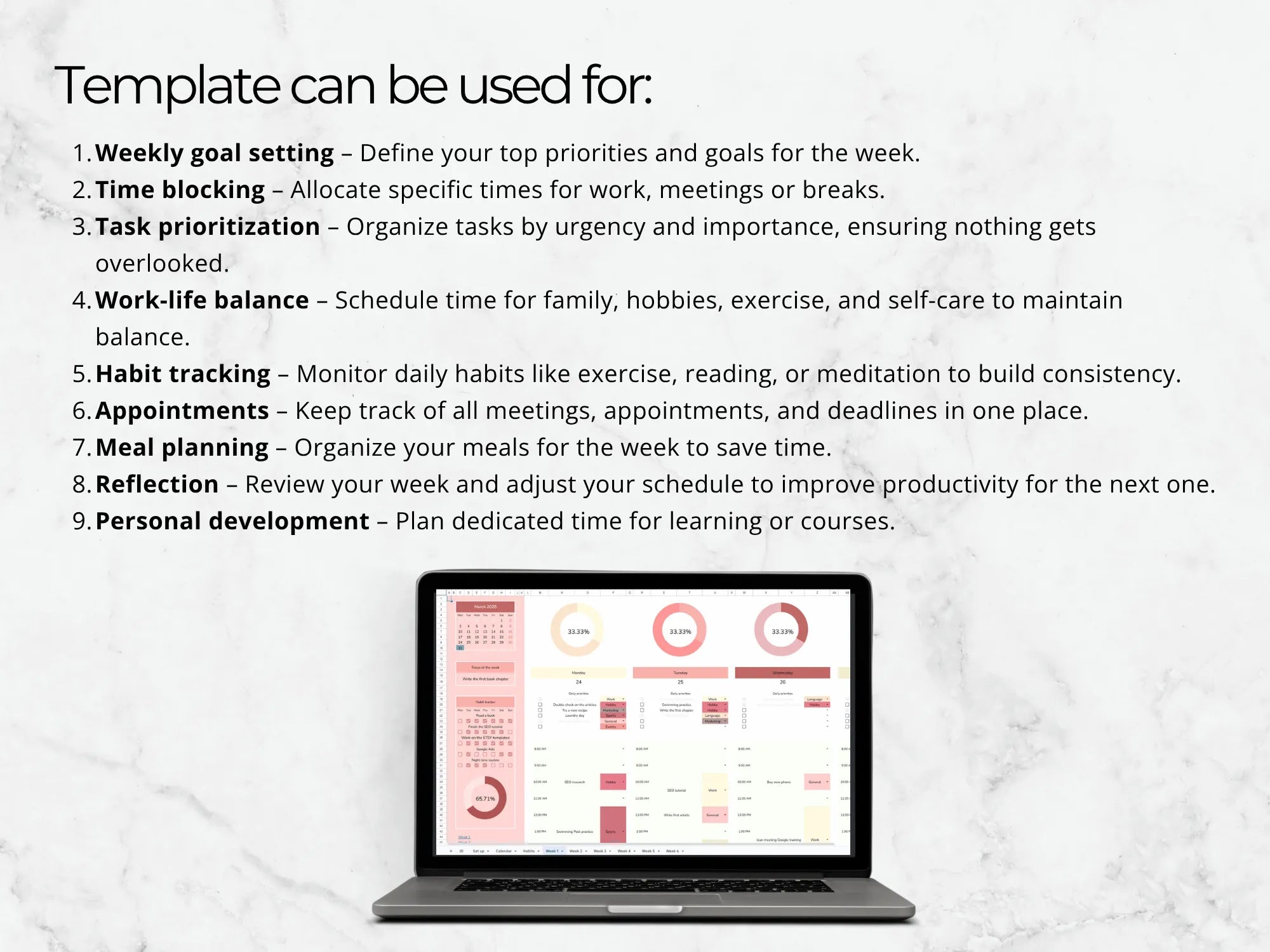 Laptop displaying a productivity template with text on a white background