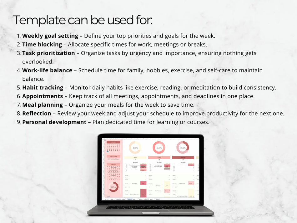 Laptop displaying a productivity template with text on a white background