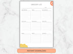 Grocery list template on a marble background with 'Instant Download' button.