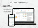 Laptop and smartphone displaying SEO progress on a light gray background with text about remote access.