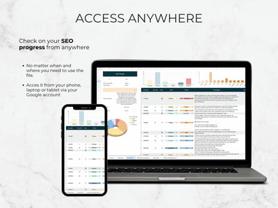Laptop and smartphone displaying SEO progress on a light gray background with text about remote access.