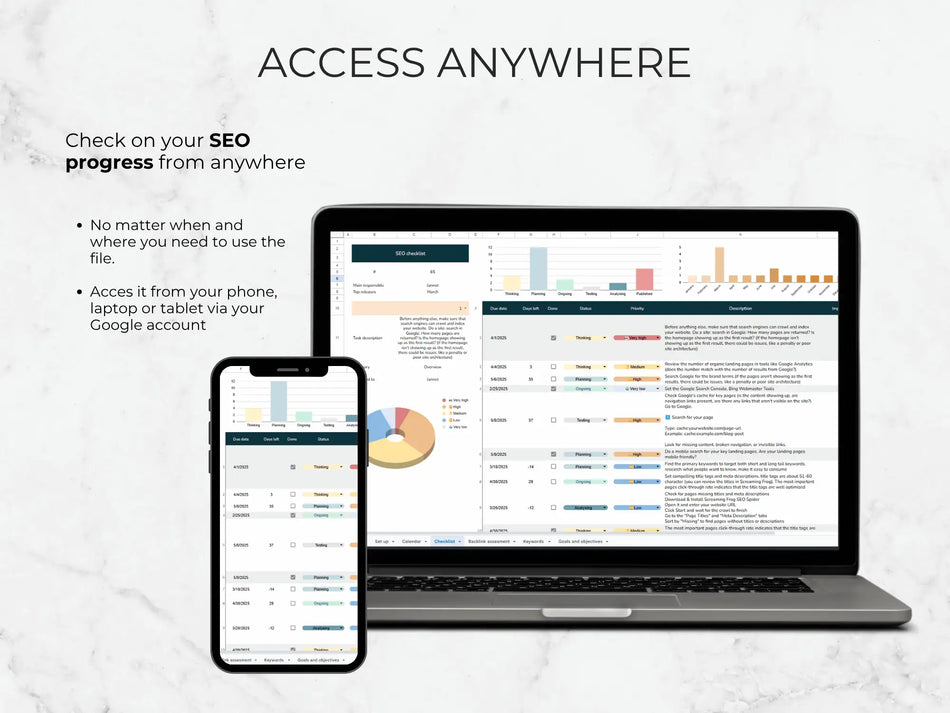 Laptop and smartphone displaying SEO progress on a light gray background with text about remote access.