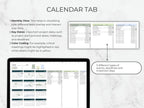 Calendar tab with monthly view, key dates, and color coding on a white background
