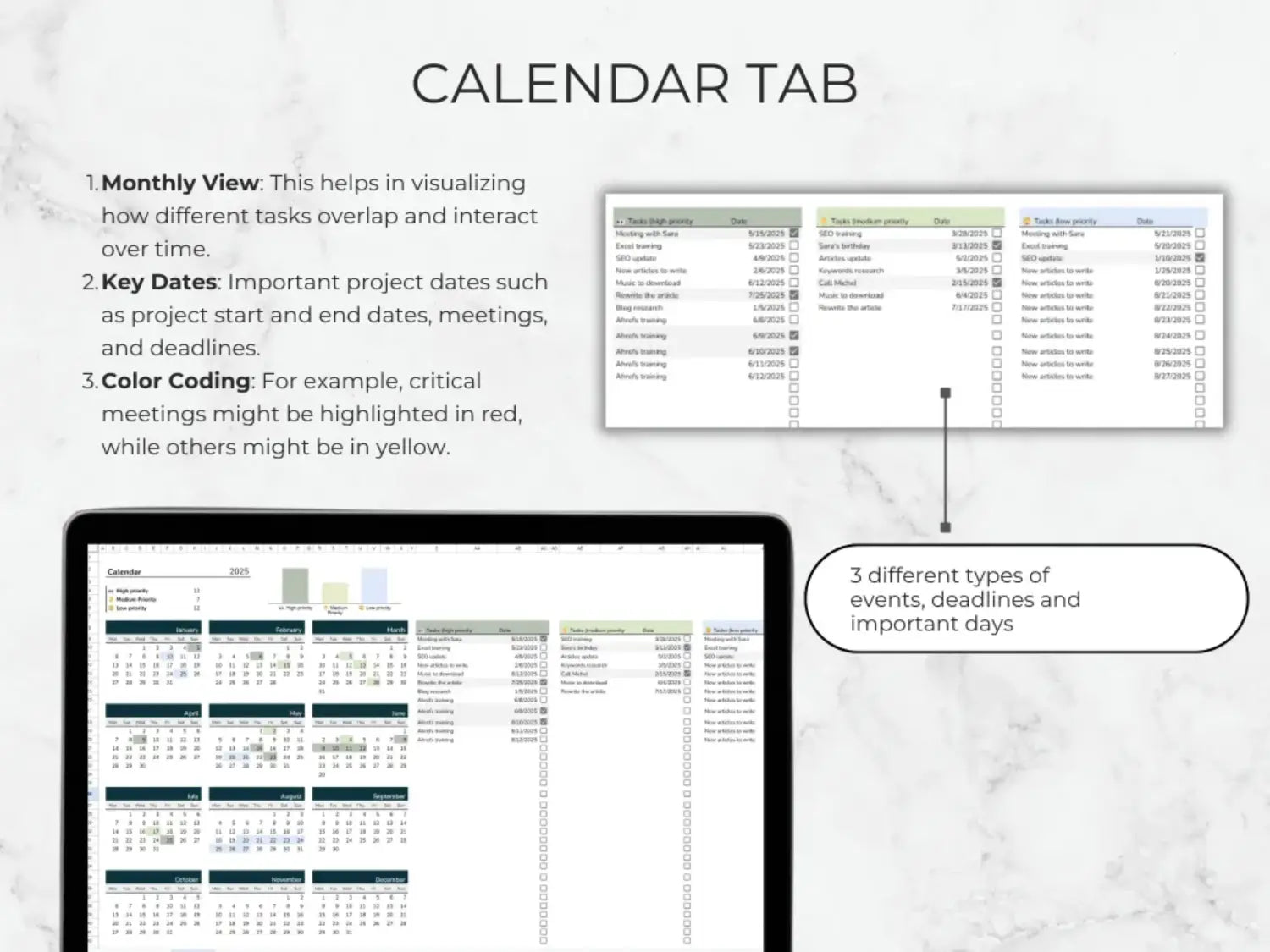 Calendar tab with monthly view, key dates, and color coding on a white background