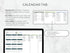 Calendar tab with monthly view, key dates, and color coding on a white background