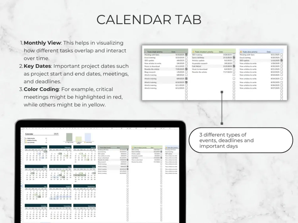Calendar tab with monthly view, key dates, and color coding on a white background