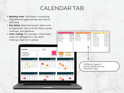 Laptop displaying a calendar with color-coded events on a gray background