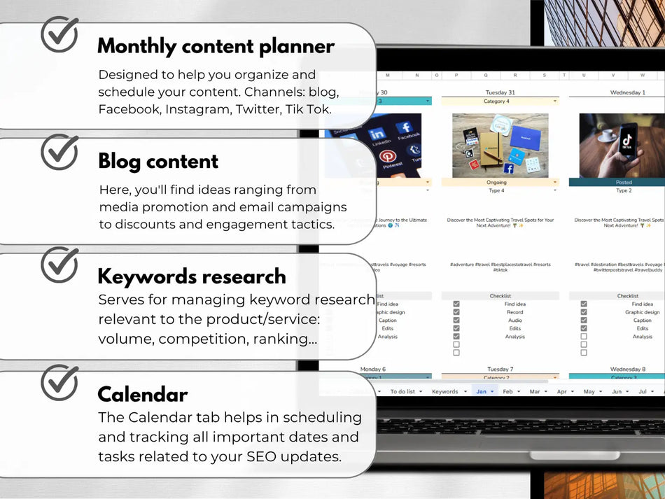 Laptop screen displaying a content planner with text on organizing and scheduling content.