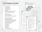 A list of contents for the mood journal, including trackers, reflection prompts, and mental health challenges designed to improve emotional well-being.
