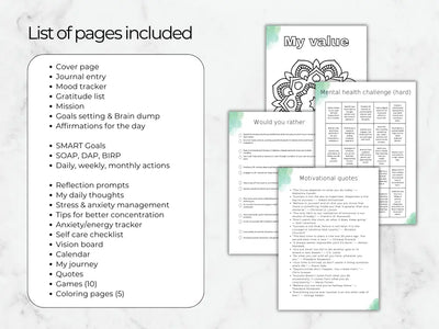 A list of contents for the mood journal, including trackers, reflection prompts, and mental health challenges designed to improve emotional well-being.