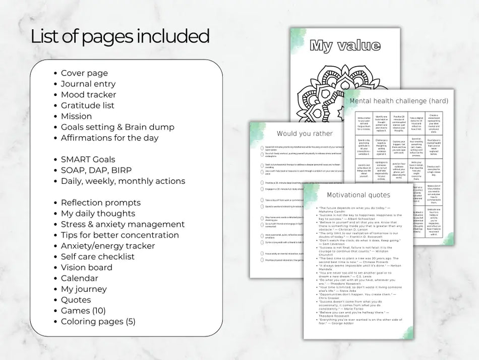 A list of contents for the mood journal, including trackers, reflection prompts, and mental health challenges designed to improve emotional well-being.