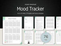 A display showing the full 76-page mood tracker and journal bundle, featuring templates for calendars, mood tracking, mindful walking, and daily positive thoughts.
