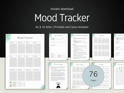 A display showing the full 76-page mood tracker and journal bundle, featuring templates for calendars, mood tracking, mindful walking, and daily positive thoughts.
