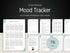 A display showing the full 76-page mood tracker and journal bundle, featuring templates for calendars, mood tracking, mindful walking, and daily positive thoughts.
