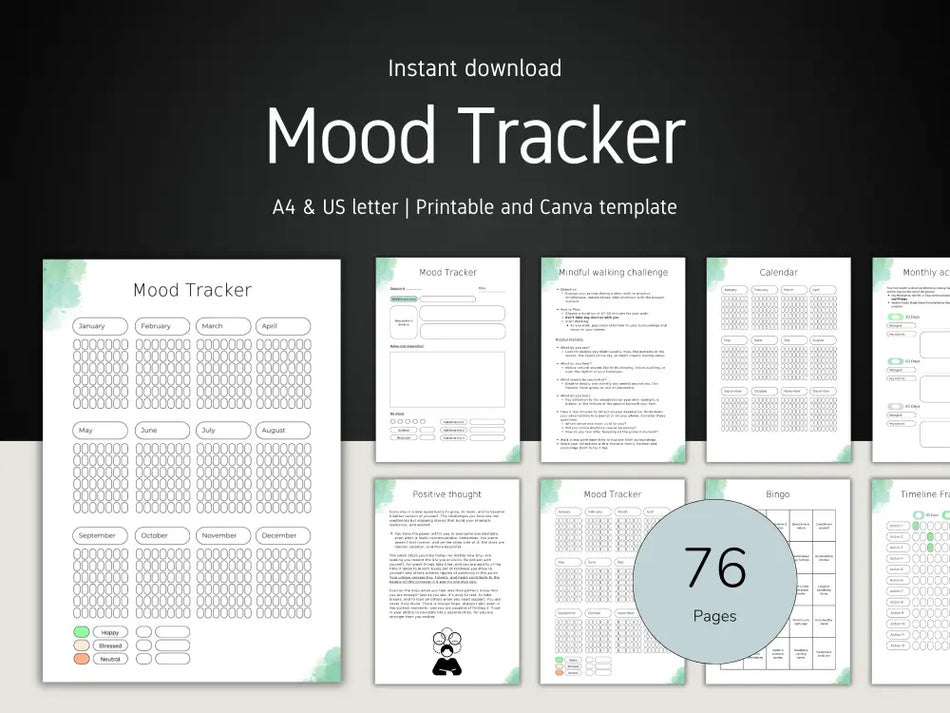 A display showing the full 76-page mood tracker and journal bundle, featuring templates for calendars, mood tracking, mindful walking, and daily positive thoughts.
