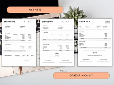 Check stub templates on a desk with a laptop and plant, featuring text options to use as is or edit in Canva.