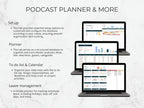 Four laptop screens displaying a podcast planner and related features on a light gray background.