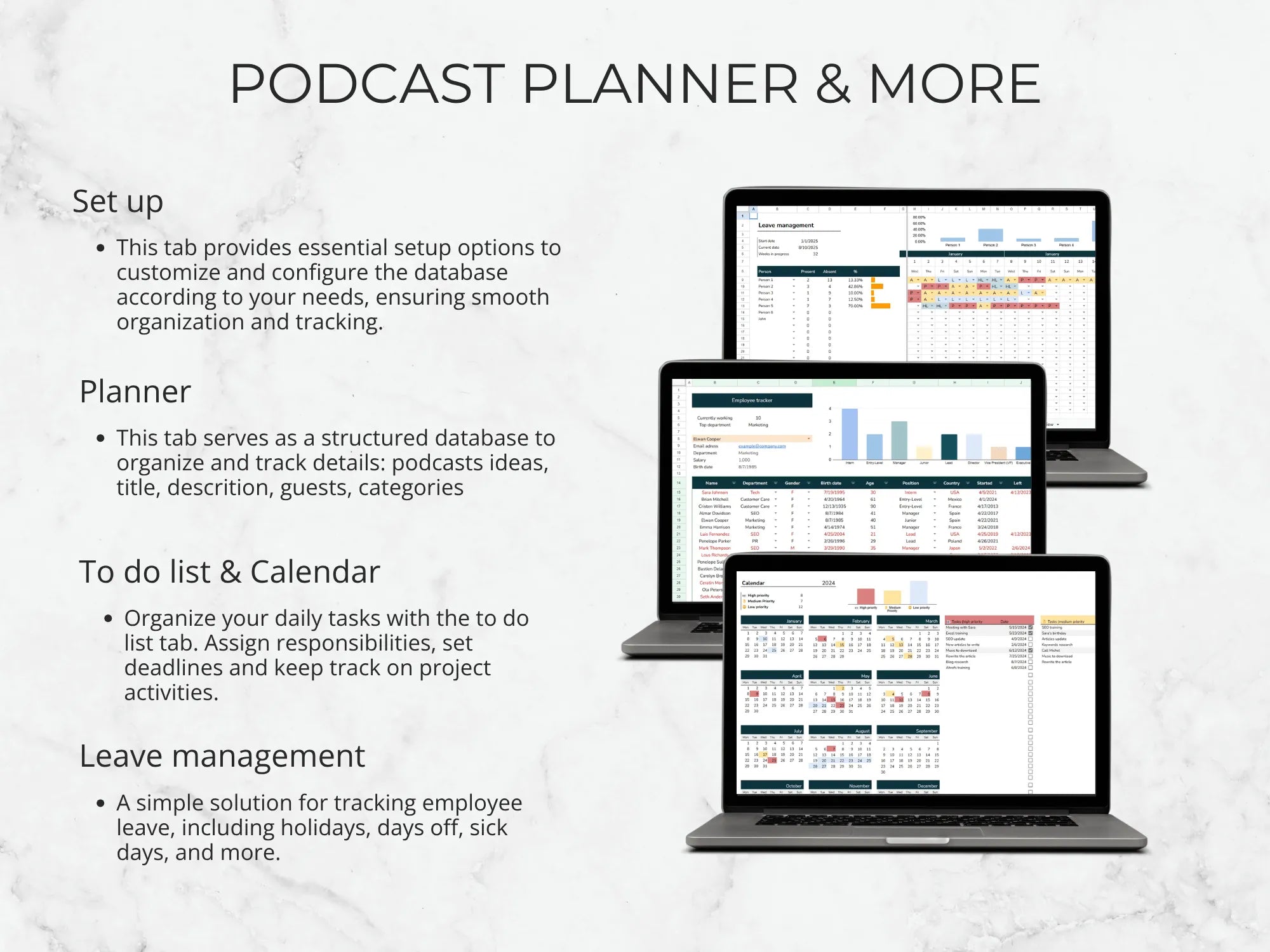 Four laptop screens displaying a podcast planner and related features on a light gray background.