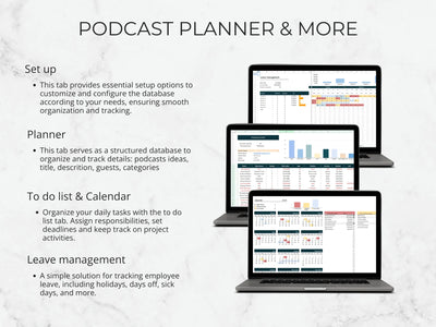 Four laptop screens displaying a podcast planner and related features on a light gray background.