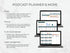 Four laptop screens displaying a podcast planner and related features on a light gray background.
