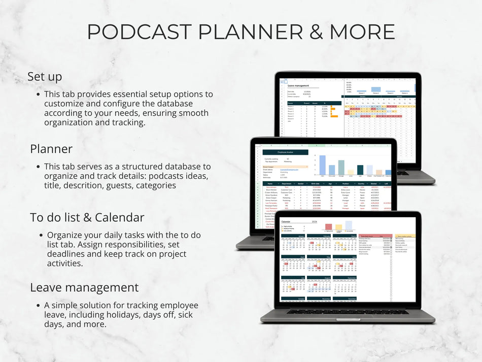 Four laptop screens displaying a podcast planner and related features on a light gray background.