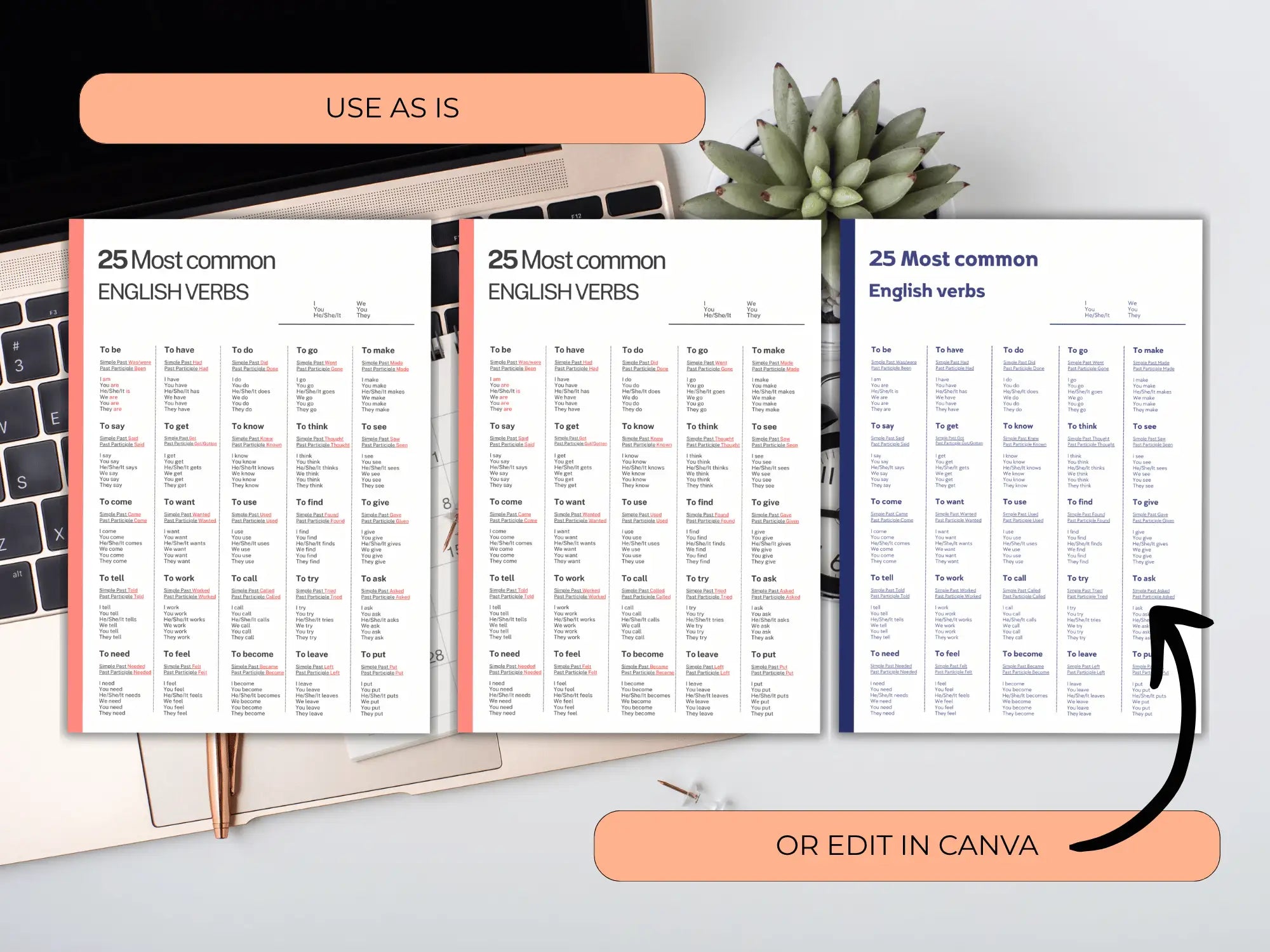 Open book showing pages with English verb lists on a desk with a laptop and plant.