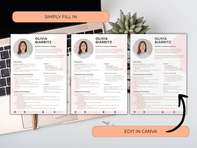 Three resumes with a woman's profile picture and name on a desk with a laptop and plant.